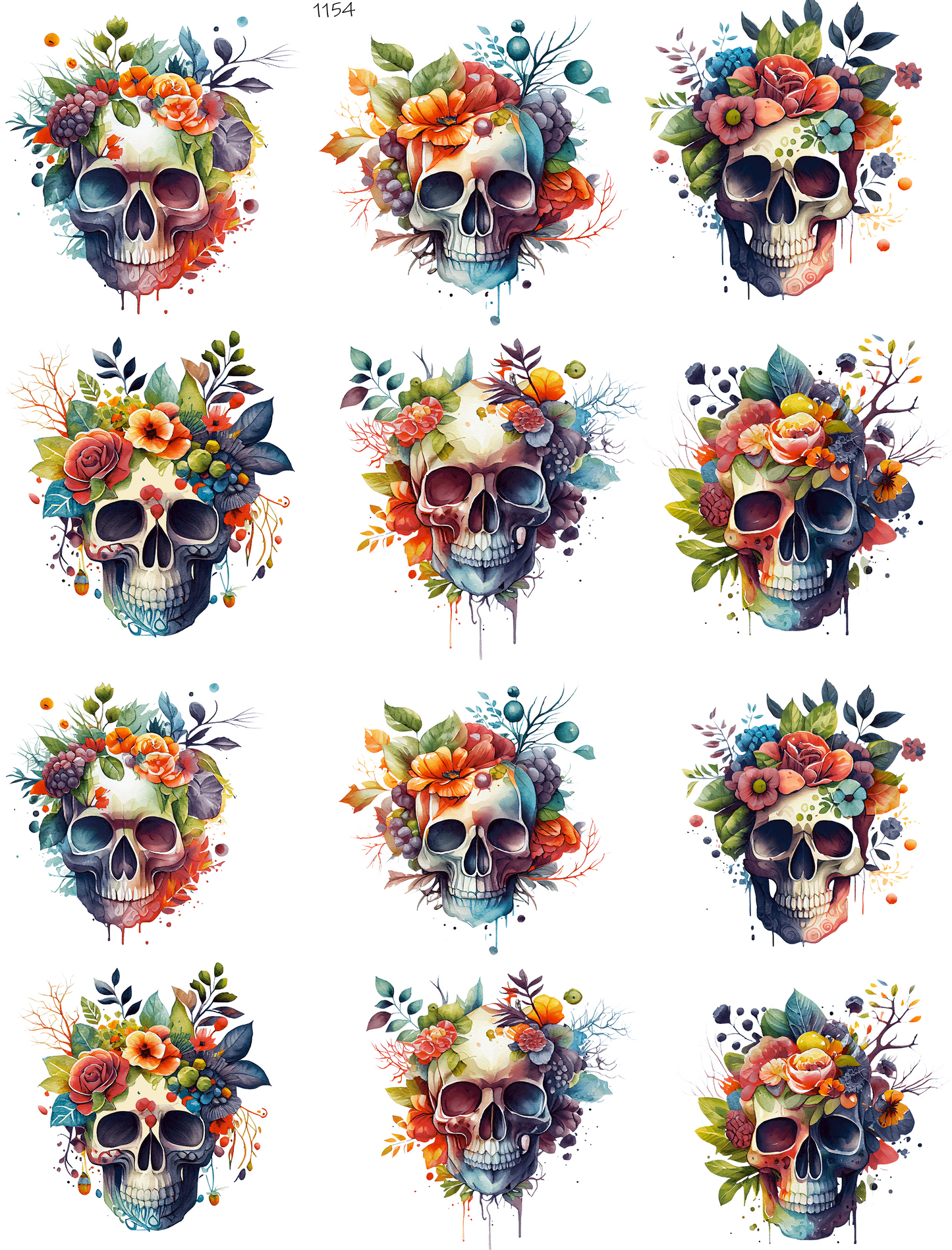 Skull Flowers Watercolor